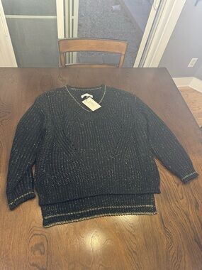 John + Jenn Black V-Neck Sweater with Metallic Gold Thread